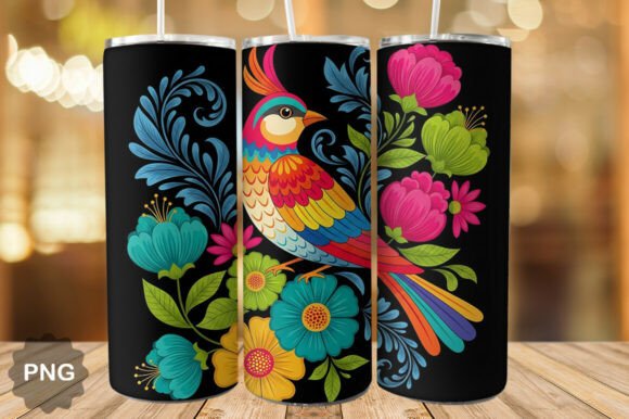 Folk Art Bird Floral Tumbler Wrap PNG: Your Custom Design Solution